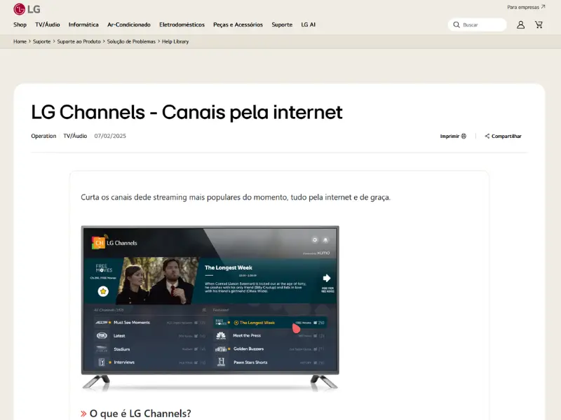 LG Channels com programação ao vivo para teste IPTV grátis