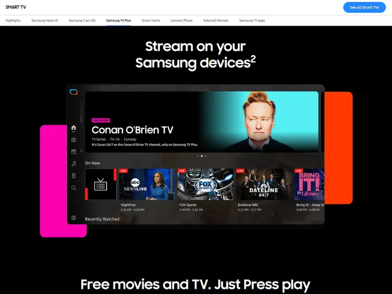 Samsung TV Plus mostrando canais ao vivo para teste IPTV grátis