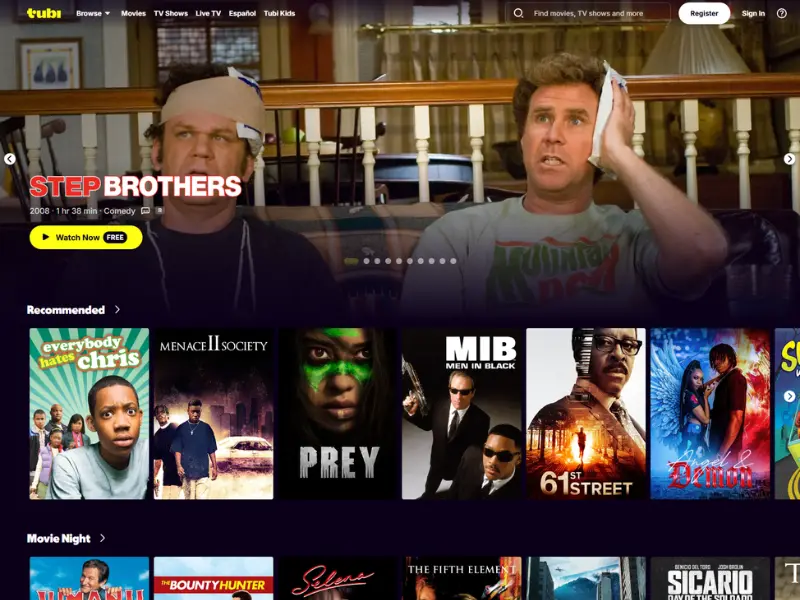 Tubi TV interface com biblioteca de filmes para teste IPTV grátis